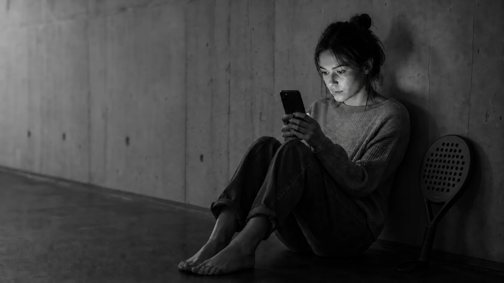 Mujer sentada sola, con el rostro iluminado por el teléfono