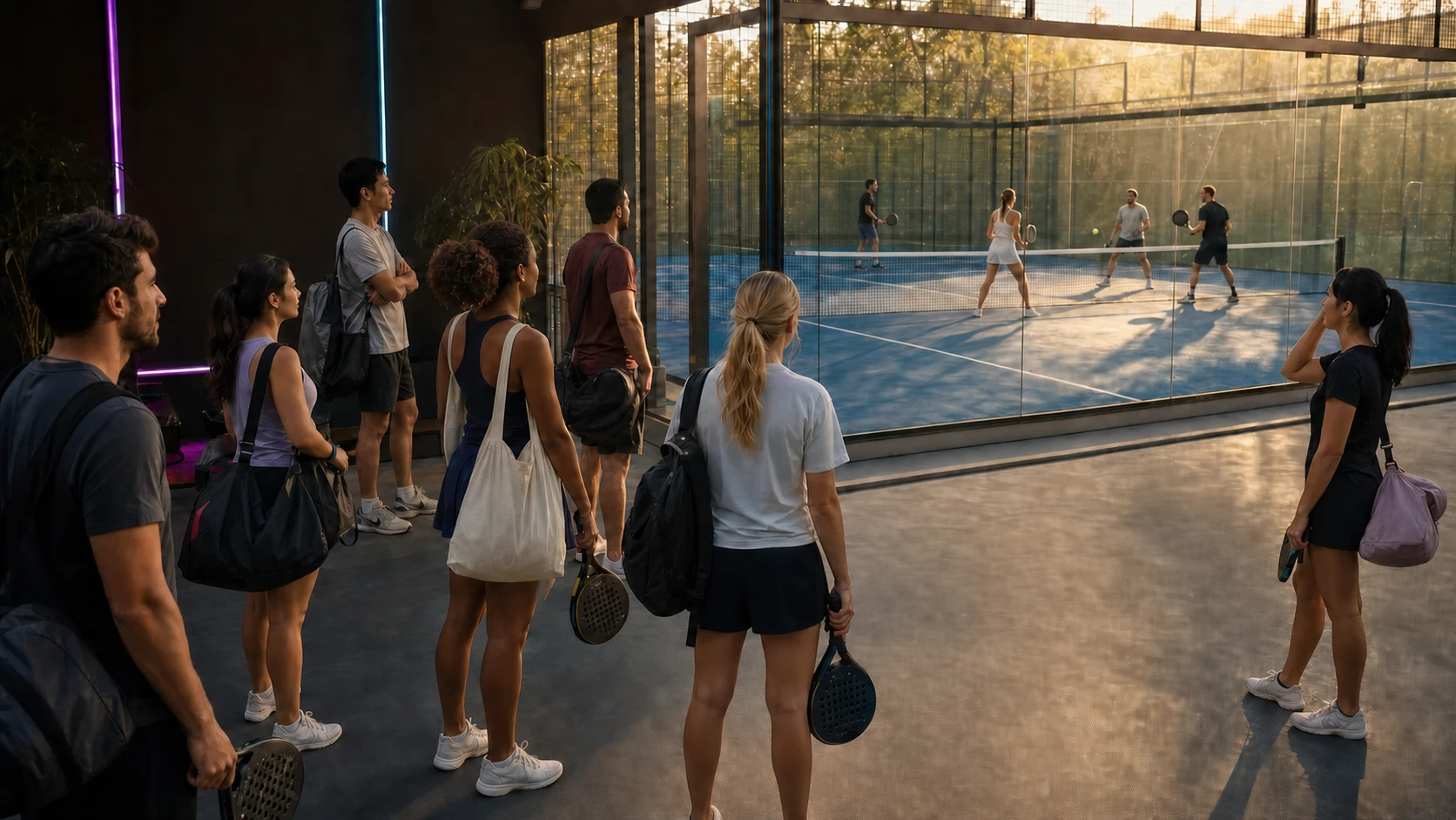 Jogadores sem grupo observam uma partida de padel em andamento
