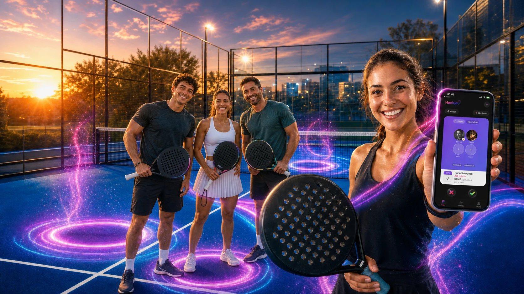 Quatro jogadores de padel sorrindo juntos ao pôr do sol