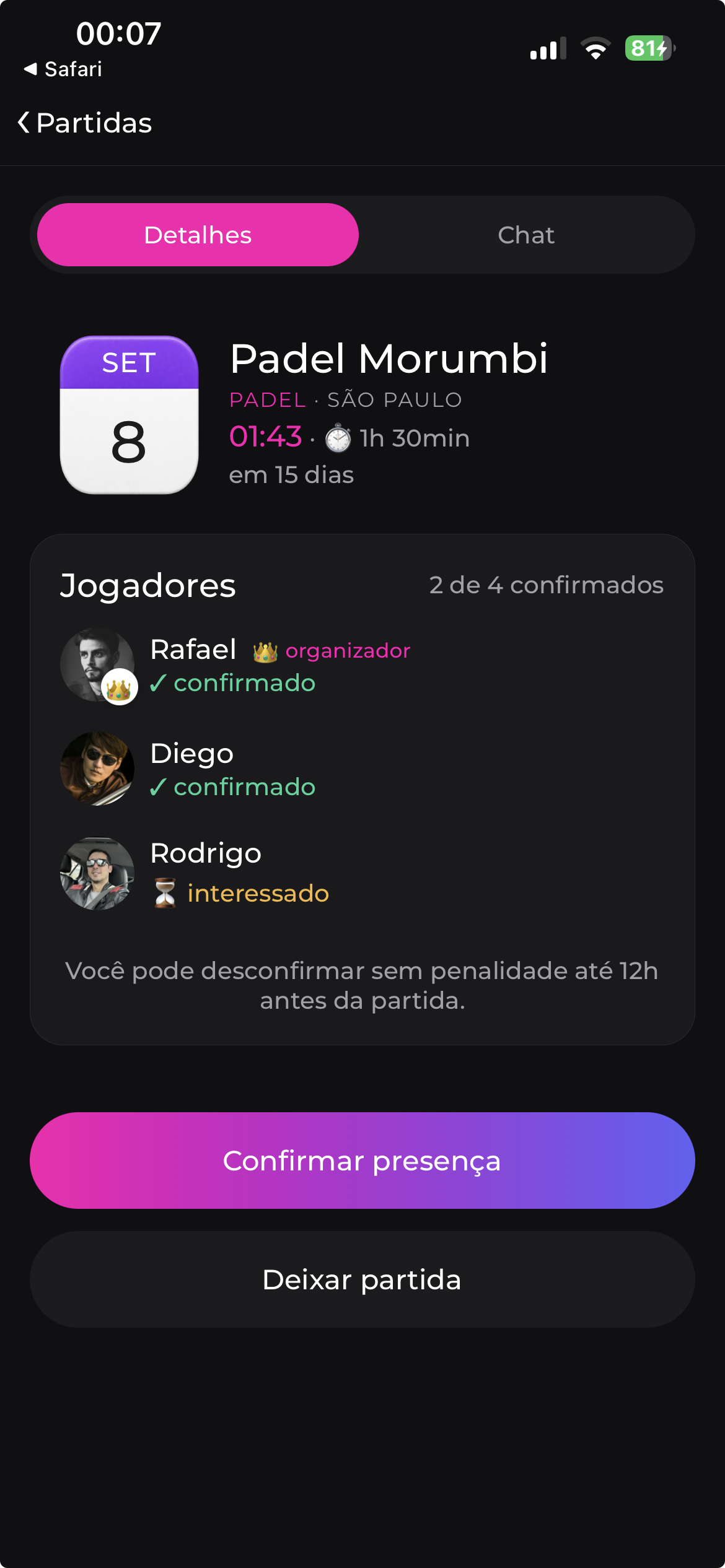 Tela da partida com jogadores confirmados e interessados