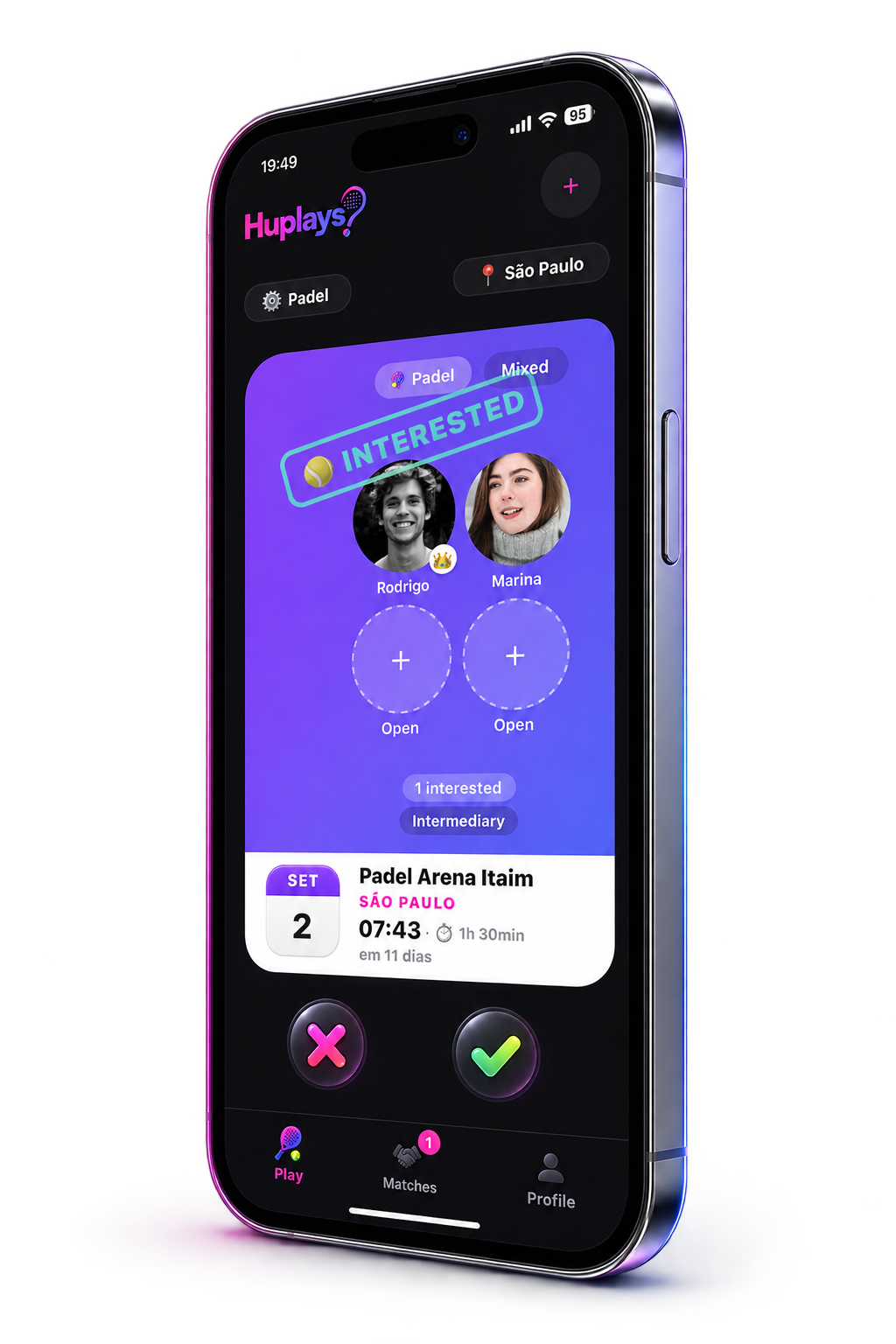 Tela do Huplays para deslizar por partidas em um iPhone em perspectiva